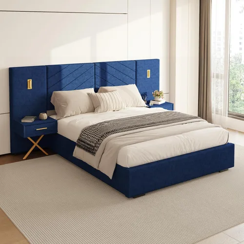 Vista 16 de DEINPPA Base de cama Queen de lujo con luces LED doradas integradas y mesitas de noche, cama de plataforma tamaño Queen con cabecera tapizada