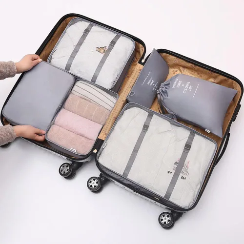 Vista 8 de Fxkoolr Juego de 6 cubos de embalaje, organizadores de equipaje para viajes (gris)