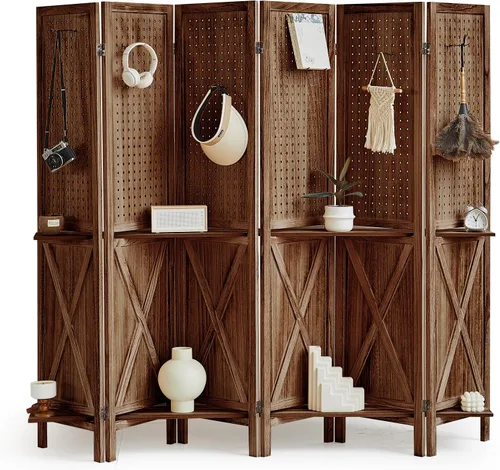 Vista 10 de Divisor de habitación de 4 paneles con estantes, pantalla de tablero de clavijas de 5.6 pies con 16 ganchos, divisor de habitación de madera