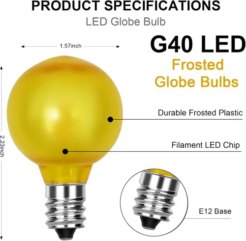 Vista 2 de Paquete de 25 bombillas LED multicolor G40 de repuesto para Navidad, 1 vatio, base de candelabro E12/C7, bombillas LED globo Edison de plástico
