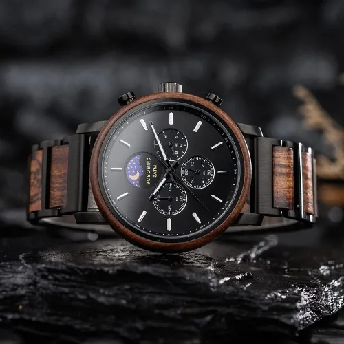 Vista 5 de 2win Reloj de madera personalizado para hombres, marido, reloj de pulsera de madera grabado personalizado con patrón de conversión de día y noche