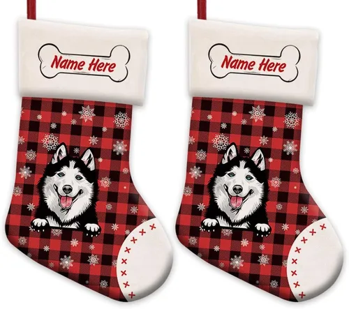 Vista 54 de Foto personalizada, Feliz Navidad, búfalo rojo, a cuadros, feliz perro, calcetín de Navidad, copo de nieve, decoración de vacaciones, calcetín