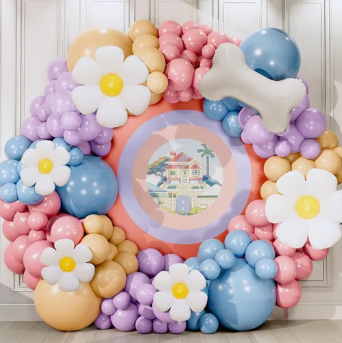 Vista 9 de Kit de arco de globos azules TODO EN 1 con globos BONUS de hueso y margarita para decoración de cumpleaños de niña - Guirnalda de globos pastel