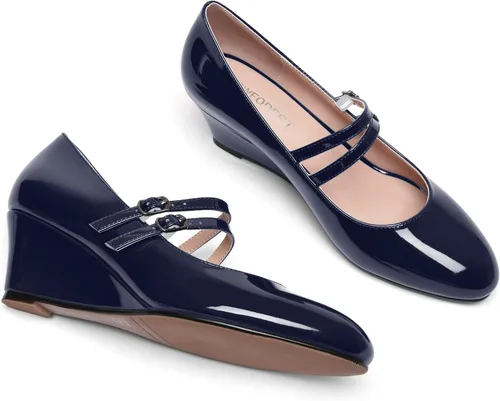 Vista 7 de Zapatos de tacón bajo con hebilla de punta redonda para mujer, con correa ajustable y correa ajustable, 2 pulgadas