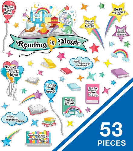 Vista 2 de Carson Dellosa - Juego de 53 piezas de Reading is Magic, arco iris retro, globos, libros y recortes de estrellas con citas inspiradoras