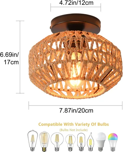 Vista 5 de 1 paquete de lámparas de granja para montaje en techo, mini lámpara de techo de ratán bohemio semiempotrada, accesorios de luz de pasillo tejidos a