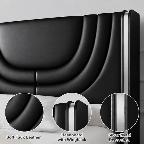 Vista 5 de REVOMINCA Base de cama individual con luces LED, plataforma tapizada de piel sintética con cabecera de ala plateada, estilo moderno, no necesita