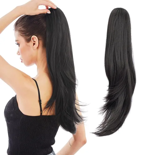 Vista 30 de Extensión de Cola de Caballo, Extensión de Cabello con Garra Larga de 20", Piezas de Cabello Sintético Ondulado Liso con Clip en Peluca de Cola
