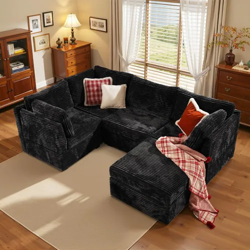 Vista 31 de Sofá seccional modular, conjunto de sofá en forma de L de 98" para sala de estar, 4 asientos cómodos tipo nube con sillas giratorias, combinación