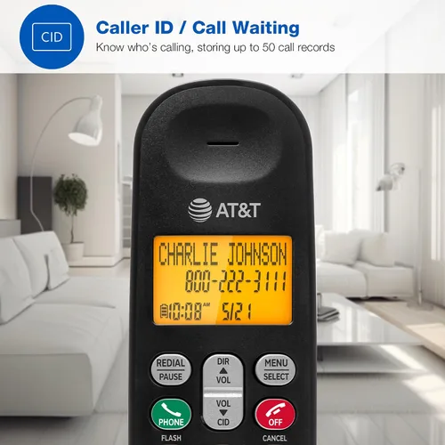 Vista 2 de AT&T Teléfono inalámbrico EL1101 DECT 6.0 Identificador de llamadas, teclado iluminado, pantalla LCD, altavoz dúplex completo, modo ECO, modo