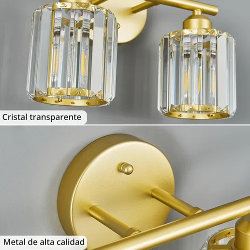 Vista 5 de Lámpara de tocador moderna de cristal de 2 luces, accesorio de luz vertical dorada para baño sobre espejo para mesa de tocador y fregadero
