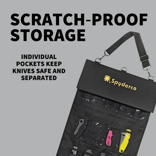 Vista 3 de Spyderco SpyderPac: incluye bolsillos profundos con diseño de poliéster resistente, ventana de plástico transparente, cierres de velcro y correa