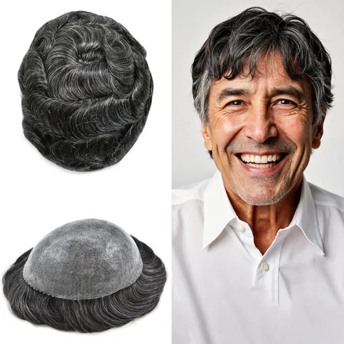 Vista 270 de Toupee para hombre 100% cabello humano real tupé para hombres 0.004 in piel de poliuretano para hombre, sistema de reemplazo de piezas de pelo