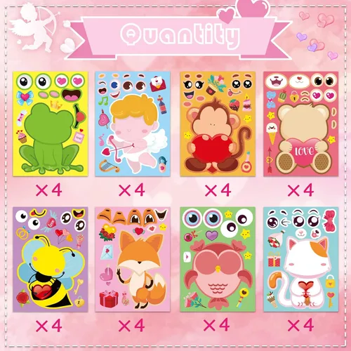 Vista 3 de Calcomanías para el día de San Valentín, haz tus propias calcomanías de San Valentín para niños 32 Sheets Valentine Craft 8 Designs of Animal