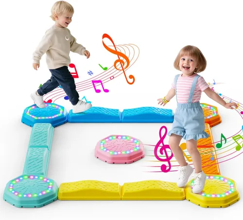Vista 11 de Holyton Piedras iluminadas para niños, paquete de 5 juguetes de equilibrio sensorial musical con baterías recargables, piedras antideslizantes