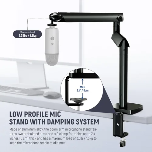 Vista 2 de NEEWER Soporte para micrófono, soporte de micrófono amortiguado de perfil bajo, soporte de escritorio con brazo de pluma con cabezal de bola