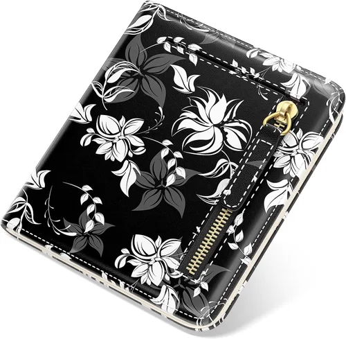 Vista 11 de Billetera de cuero genuino de lujo para mujer con bloqueo RFID, compacta, plegable, con ventana para identificación, Gato negro, Moderno
