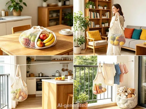 Vista 4 de Ahyuan Bolsas de comestibles cordón de algodón reutilizable, bolsas de malla 1 paquete, Crema