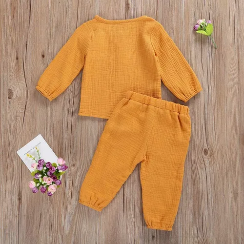 Vista 4 de Karuedoo Conjunto de pantalones de lino de algodón para bebé, niño, niña, camiseta de manga larga, con cordón, cintura elástica