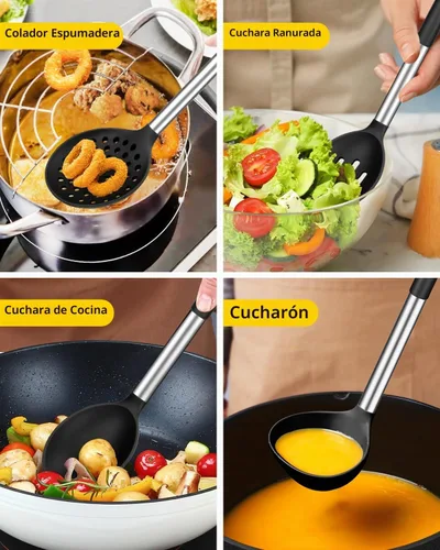 Vista 4 de Juego de utensilios de cocina de silicona, 8 utensilios de cocina antiadherentes con mango de acero inoxidable, herramientas de cocina resistentes