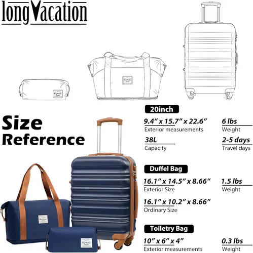 Vista 7 de LONG VACATION Juego de equipaje de 4 piezas de ABS hardshell TSA Lock Spinner Ruedas equipaje de mano en maleta, marino, Abs Hardshell Tsa Lock