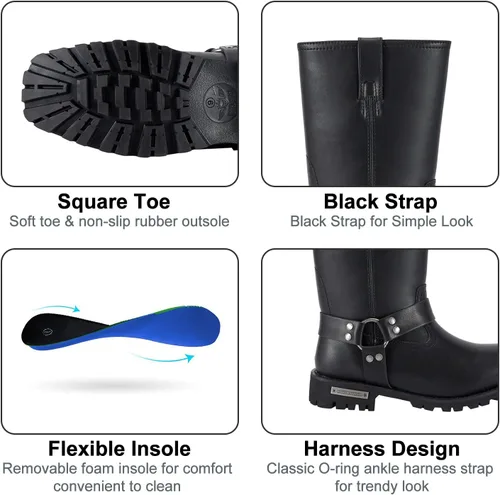 Vista 4 de Dream Apparel Botas de motocicleta con arnés de 11 pulgadas para hombre, botas de motociclista con punta cuadrada, botas de motociclista