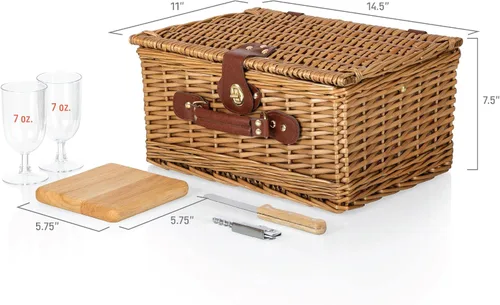 Vista 5 de PICNIC TIME Cesta de picnic clásica para vino y queso, cesta romántica de madera de estilo inglés, servicio de lujo para 2 personas