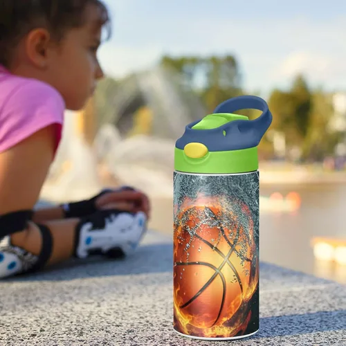 Vista 6 de Nander Botella de agua aislada para niños de 14 onzas, pelota de baloncesto, doble pared al vacío, acero inoxidable, boca ancha, botella de bebidas