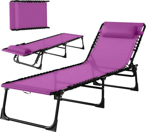 Vista 4 de Folding Chaise Lounge Chair with 4-Position Reclining Back, Purple