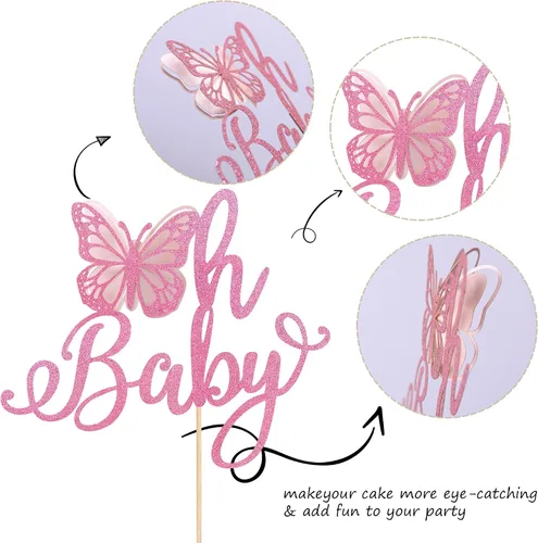 Vista 3 de Rsstarxi 1 paquete de decoración de pastel de mariposa Oh Baby con purpurina para baby shower, decoración de pastel de mariposa para revelación