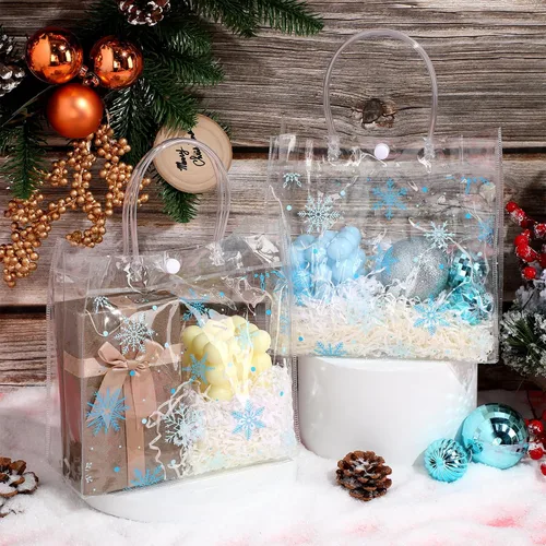 Vista 5 de Cholemy 24 bolsas de regalo de plástico transparente con diseño de copo de nieve de invierno con asas, bolsas de regalo transparentes