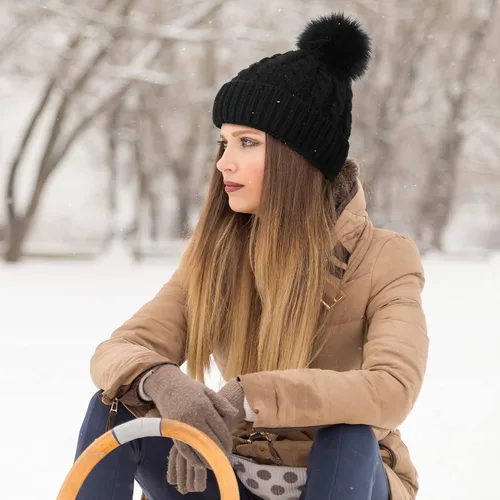 Vista 5 de Livingston Gorro de punto suave de invierno para mujer con pompón de piel sintética