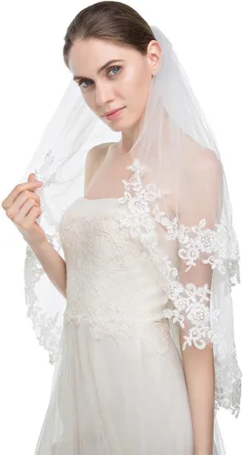 Vista 2 de Edith qi velo elegante para boda 2T, de 2 capas, con aplique de encaje, a la altura de los codos