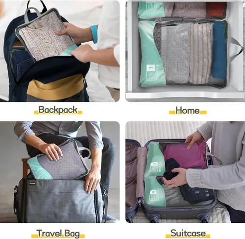 Vista 7 de Juego de 8 cubos de embalaje de compresión, cubos de embalaje de compresión con doble cremallera para viajes, bolsas de embalaje de malla