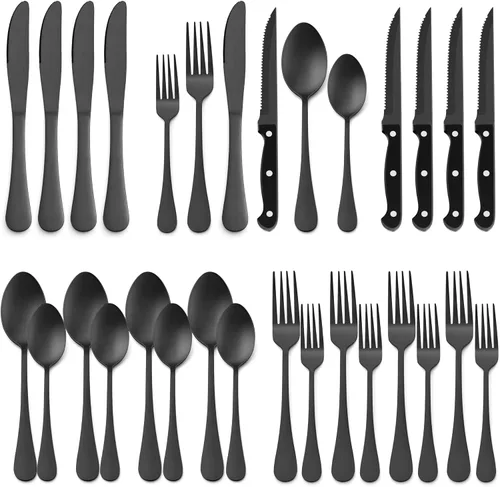 Vista 8 de E-far Juego de cubiertos negros de 24 piezas con cuchillos para carne, cubiertos de acero inoxidable para 4, modernos juegos de utensilios de metal