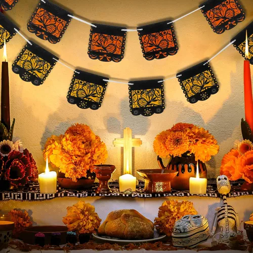 Vista 2 de Pancarta pequeña del Día de los Muertos con diseño de mariposa monarca mexicana, pancartas para fiesta de papel picado, Día de los Muertos