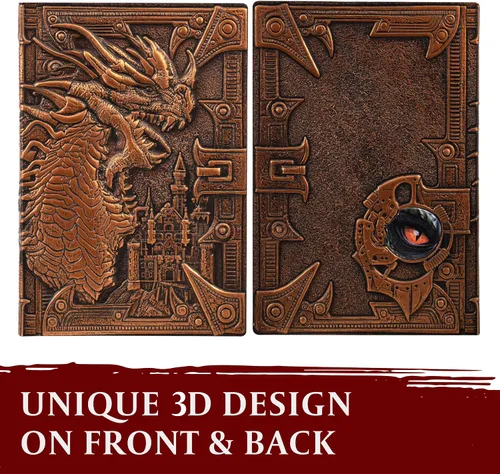 Vista 2 de Cuaderno / Diario DND, Libro Único de 200 Páginas con Cubierta de Falso Cuero con Dragón de Bronce en 3D con Lápiz - Ideal para Dungeons & Dragons