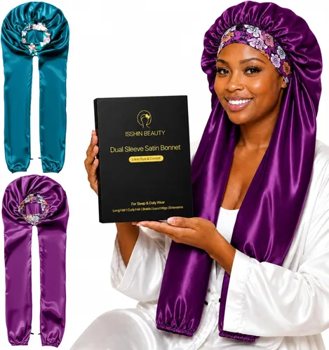 Vista 9 de Isshin Beauty Gorro de satén para mujeres durmientes: doble manga 2 en 1, protector de pelo largo antiencrespamiento Negro y café
