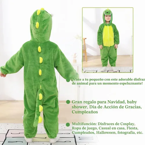 Vista 6 de TONWHAR - Disfraz para niños y bebés, disfraz de dinosaurio, tigre, animal, atuendo de fantasía, mameluco con capucha Dinosaurio verde