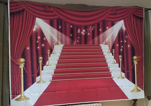 Vista 3 de INRUI Cortina roja para fotografía de escenario, alfombra roja, estrellas, celebridad, fiesta, telón de fondo (7 x 5 pies)
