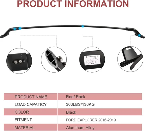 Vista 8 de KINGGERI Barras transversales de techo de 220 libras compatibles con Ford Explorer 2016 2017 2018 2019 (Limited/XLT/Sport/Platinum), barras