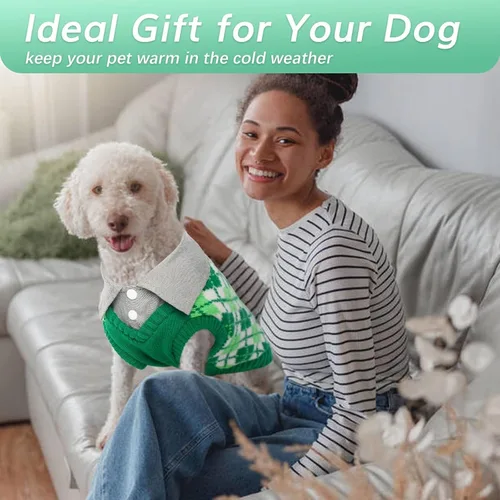 Vista 7 de Kuoser Suéter a cuadros para perro con agujero para arnés, color verde, talla S Polo Design Puppy Knitwear Fall Winter Sweater for Medium Dogs