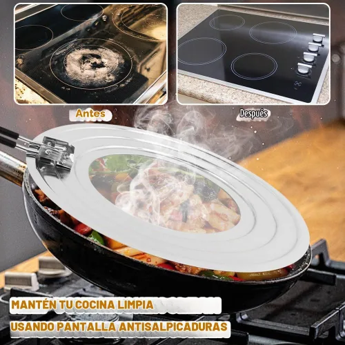 Vista 6 de Pantalla de salpicaduras de acero inoxidable para sartén, protector de salpicaduras de grasa plegable con mango aislado plegable para sartenes