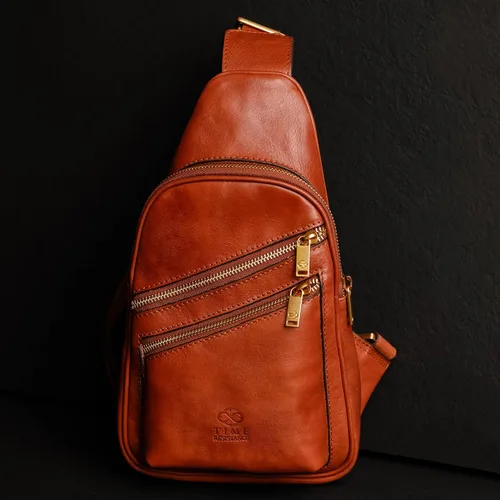 Vista 2 de Time Resistance Bolso bandolera de cuero - Bolso bandolera marrón - Bolso bandolera para hombre y mujer - Mochila de hombro hecha a mano
