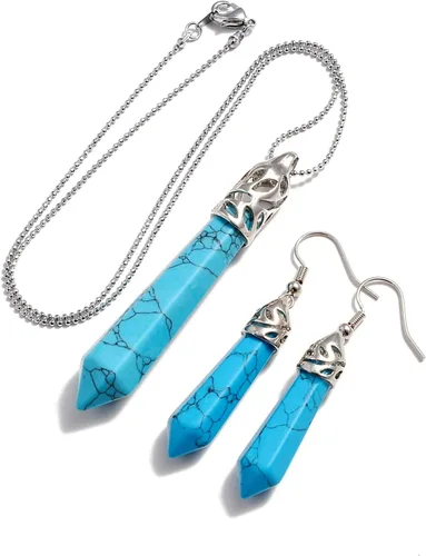 Vista 12 de AD Beads - Juego de colgante y aretes con piedras preciosas naturales hexagonales con punta, chakra Reiki Negro ágata