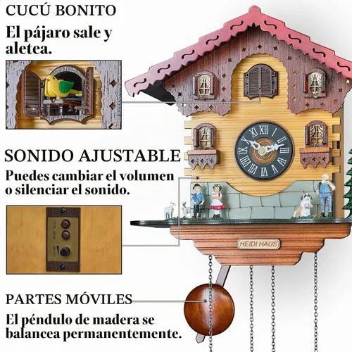 Vista 3 de TIMEGEAR Reloj de pared de cuco con movimiento de cuarzo y modo nocturno en estilo tradicional alemán