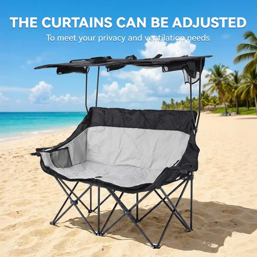 Vista 7 de Sillas de campamento dobles con toldo plegable, silla de playa resistente, de gran tamaño, silla de dos plazas acolchada para exteriores, para 2