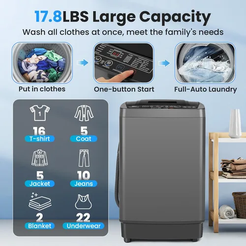 Vista 2 de NICTEMAW - Lavadora portátil de 17.8 libras, lavadora portátil completamente automática de 2.4 pies cúbicos con 10 programas de lavado, 8 niveles