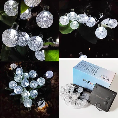 Vista 4 de Cadena de luces solares para exteriores resistentes al agua, 36 pies, 60 LEDs, 8 modos, luces solares de hadas con forma de globo de cristal