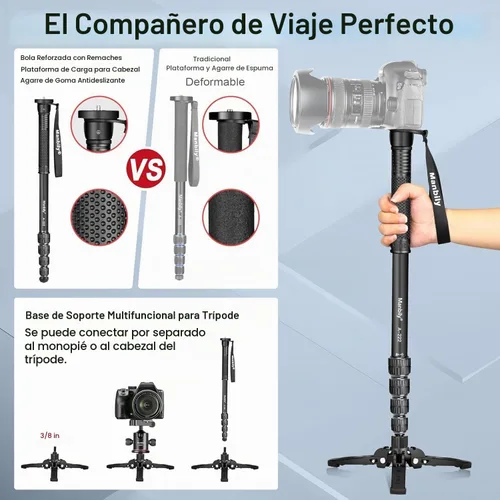 Vista 2 de Manbily Monopies para cámaras con pies, 5 secciones, 67 pulgadas, carga máxima de 15.43 libras, monopie de cámara extensible portátil de aluminio